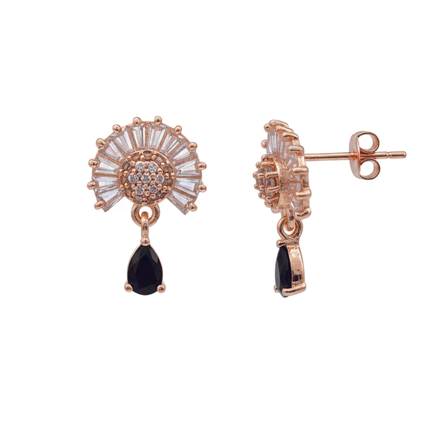 Marilyn- Black Teardrop Halo Stud Earrings in Rose Gold Finish