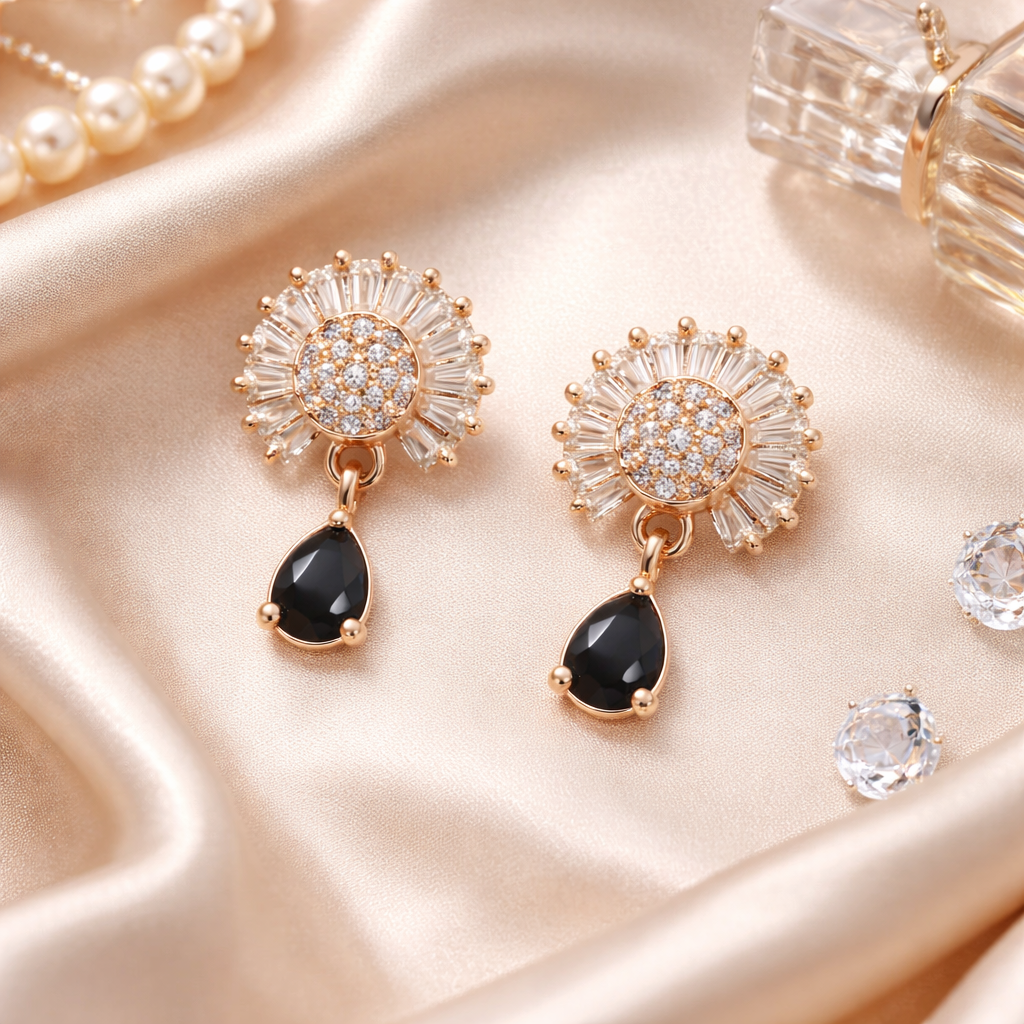 Marilyn- Black Teardrop Halo Stud Earrings in Rose Gold Finish