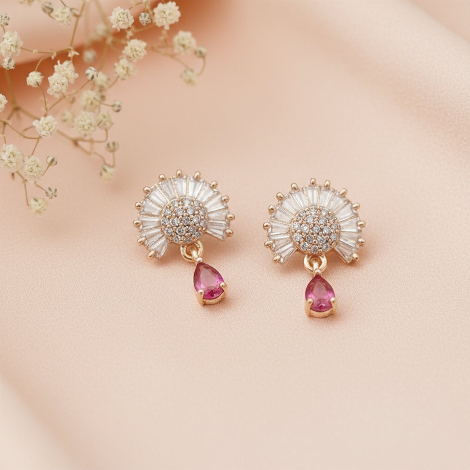 Marilyn- DarkPinkTeardrop Halo Stud Earrings in Rose Gold Finish