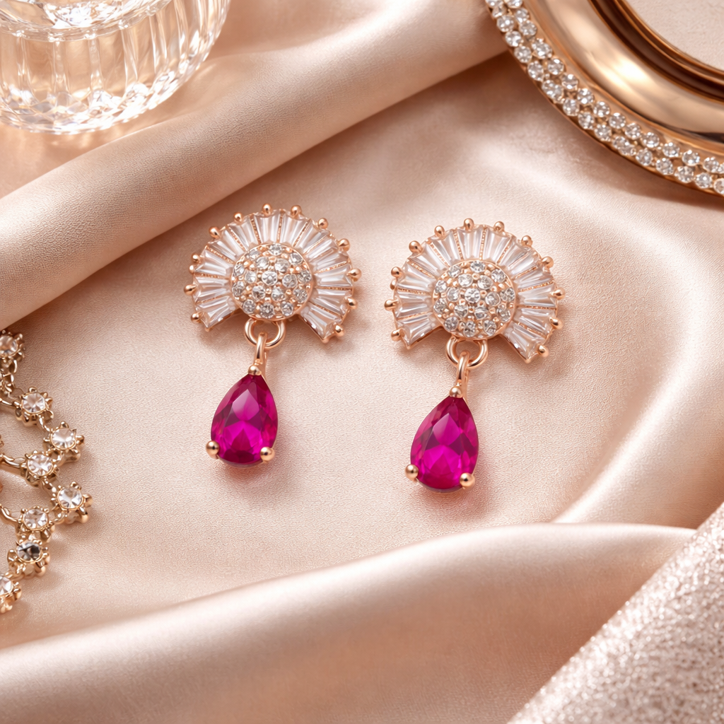 Marilyn- DarkPinkTeardrop Halo Stud Earrings in Rose Gold Finish