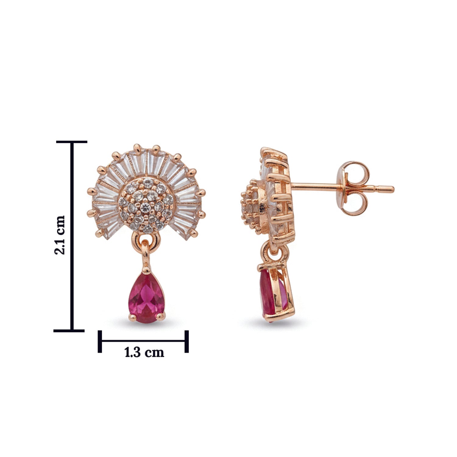Marilyn- DarkPinkTeardrop Halo Stud Earrings in Rose Gold Finish