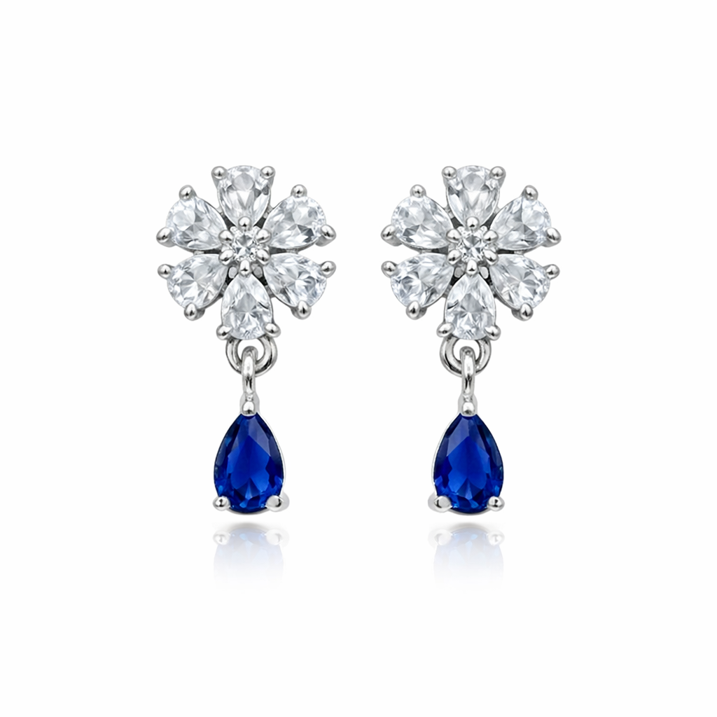 Elara- Blue Teardrop Floral Stud Earrings in Silver Finish