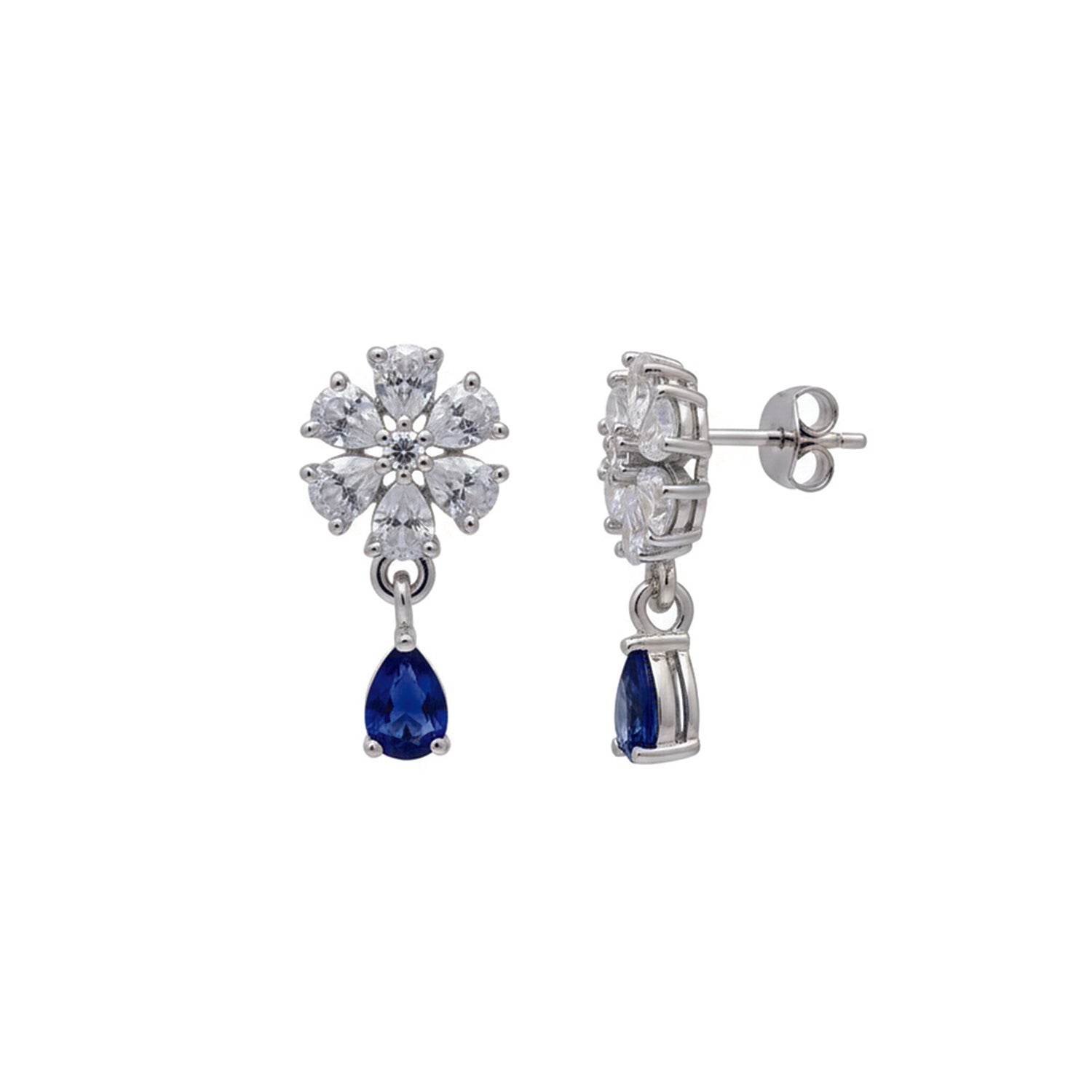 Elara- Blue Teardrop Floral Stud Earrings in Silver Finish