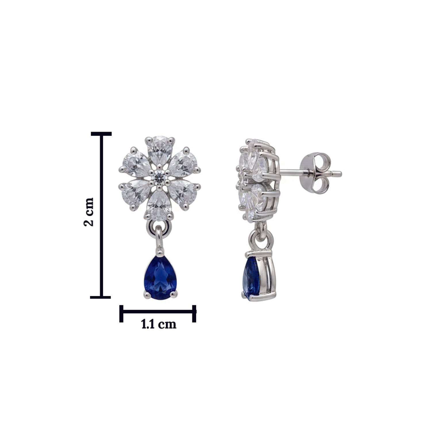 Elara- Blue Teardrop Floral Stud Earrings in Silver Finish