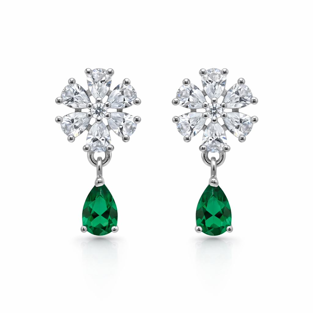 Elara- GreenTeardrop Floral Stud Earrings in Silver Finish