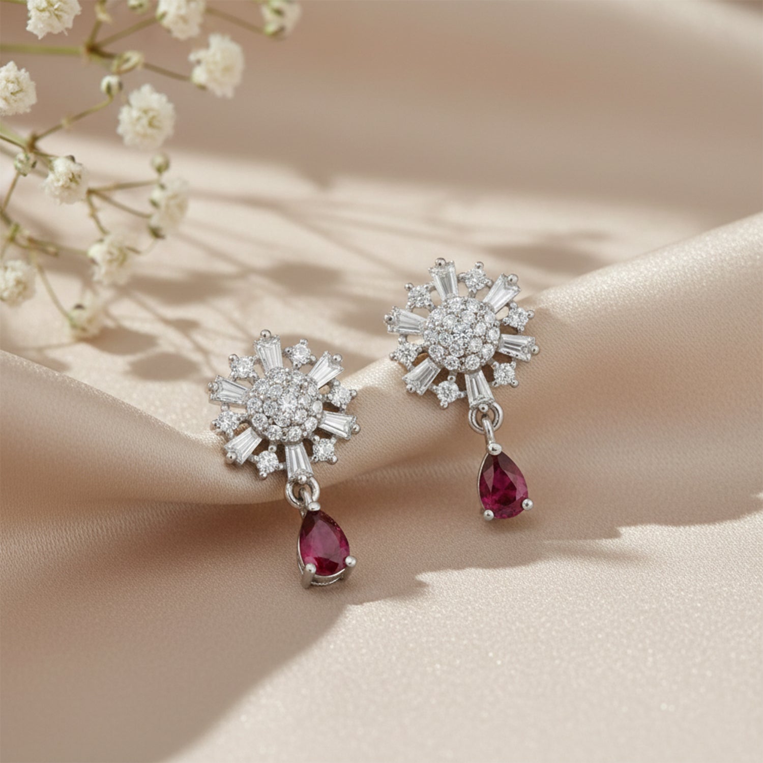 Elara- Dark Pink Teardrop Floral Stud Earrings in Silver Finish