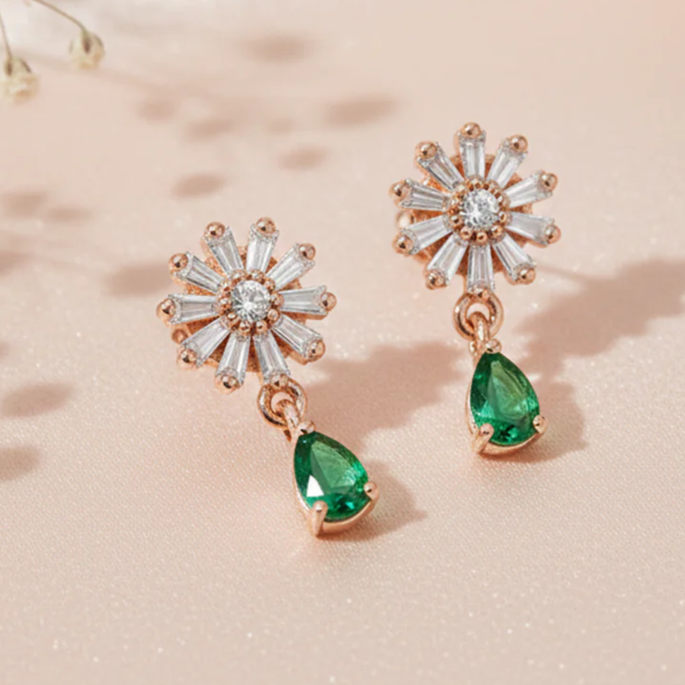 Victoria- Green Flower Drop Earrings