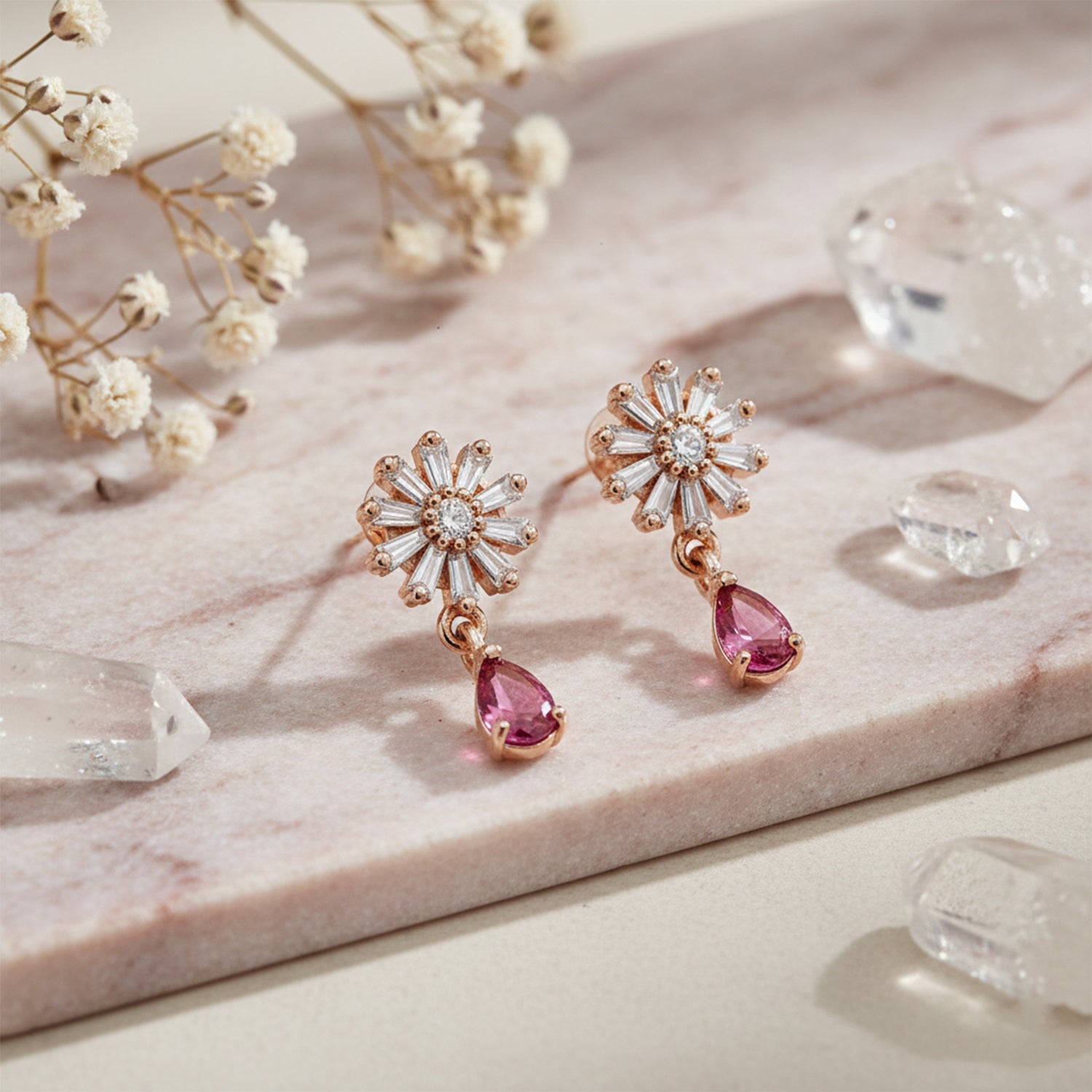 Victoria- Dark Pink Flower Drop Earrings