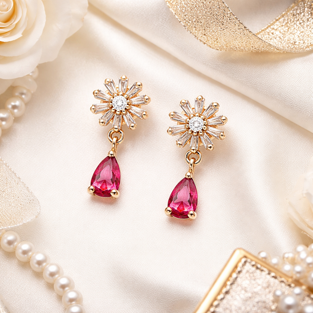 Victoria- Dark Pink Flower Drop Earrings