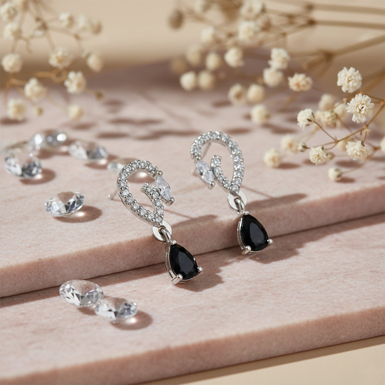 Aveline- Black Onyx Pear-Cut Drop Earrings with Diamond Swirl Accents