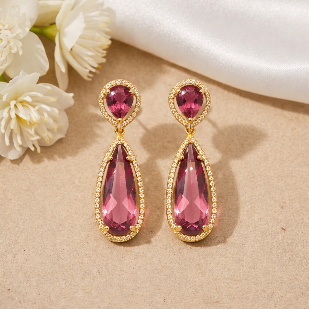 Ellen- Elegant Pink Tourmaline Double Drop Earrings