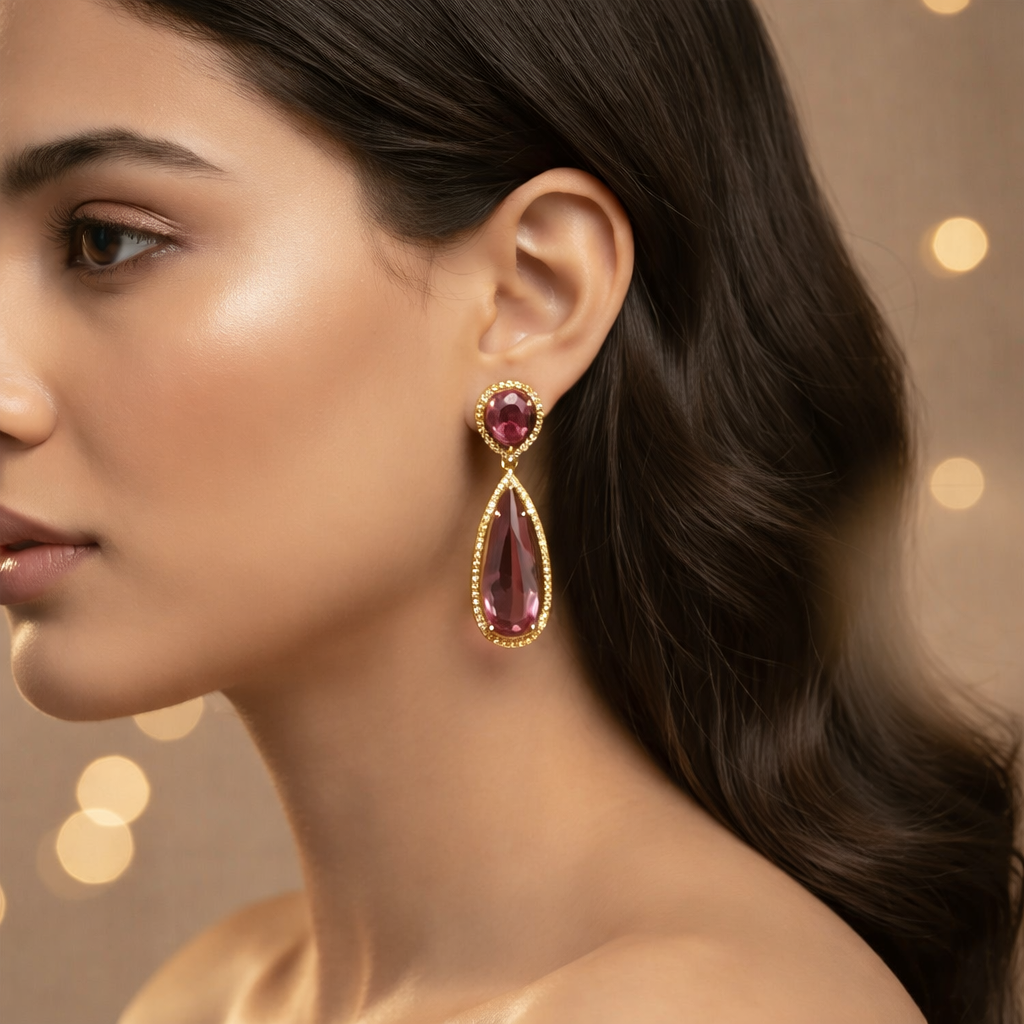 Ellen- Elegant Pink Tourmaline Double Drop Earrings
