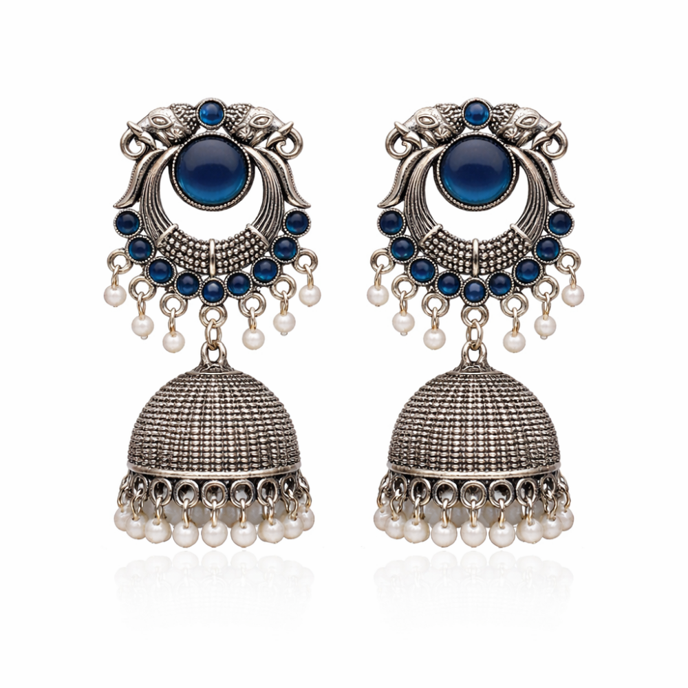 Yasti- Blue stone Oxidized Jhumkas