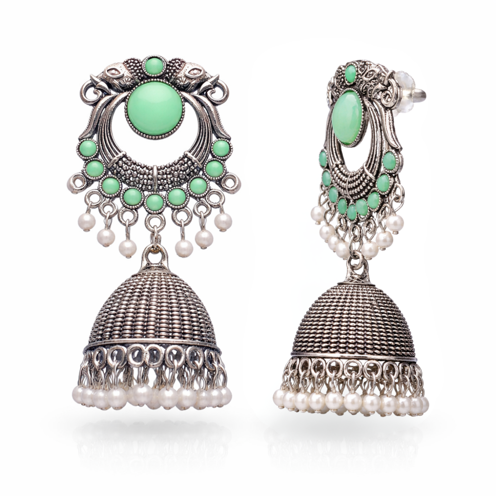 Yasti-Mint stone Oxidized Jhumkas