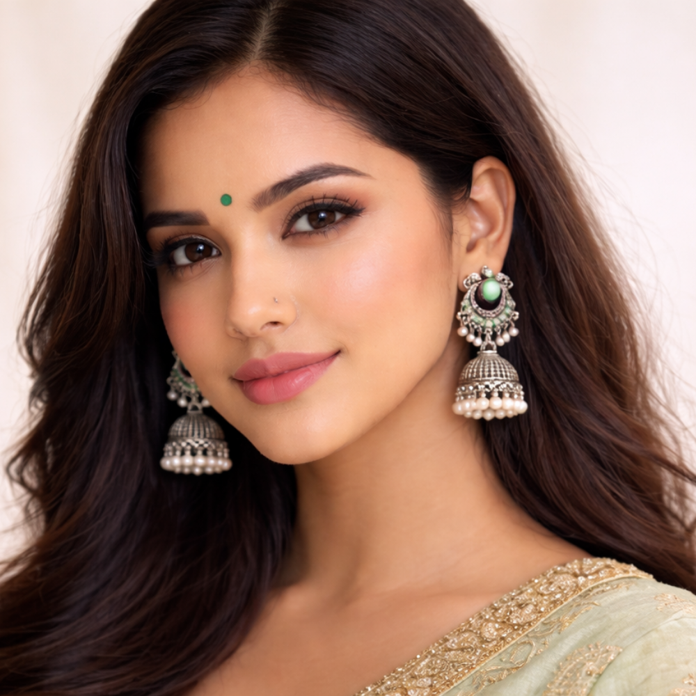 Yasti-Mint stone Oxidized Jhumkas