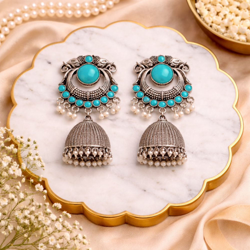 Yasti-Sky Blue stone Oxidized Jhumkas