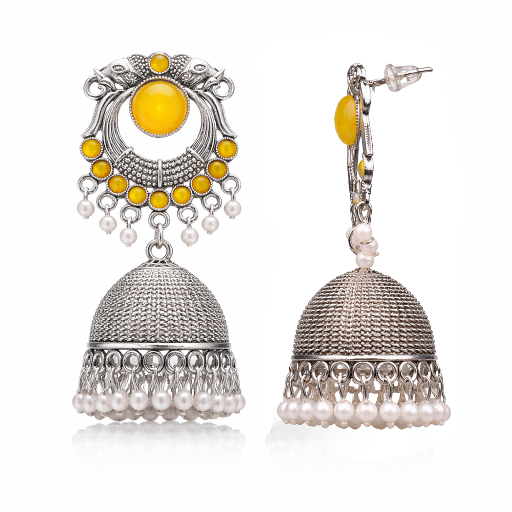 Yasti-yellow stone Oxidized Jhumkas