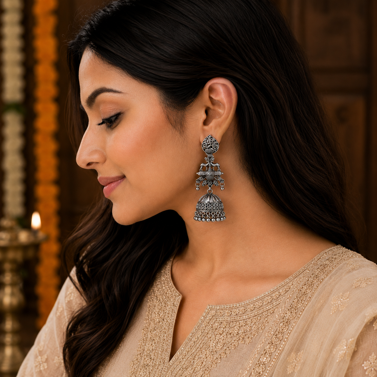 Anu- OxidiseTraditional Deer Motif Jhumka Earrings