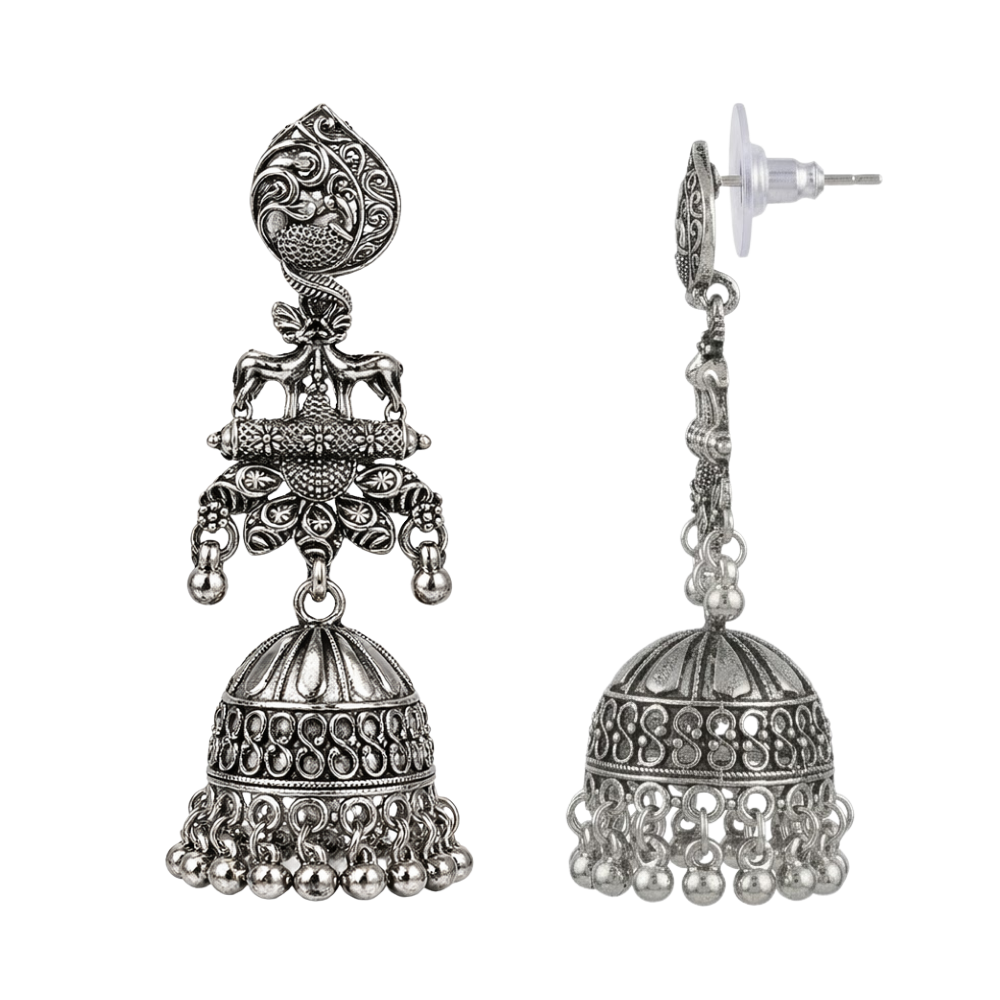 Anu- OxidiseTraditional Deer Motif Jhumka Earrings