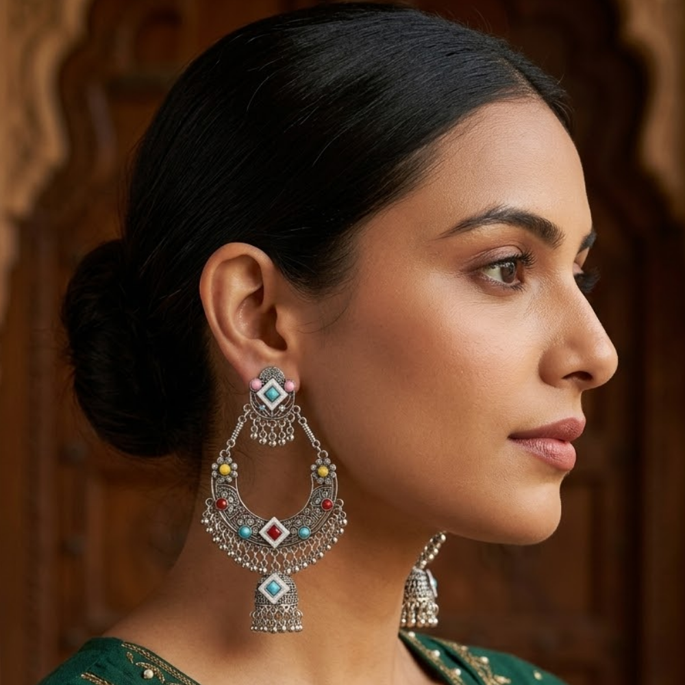Ishani- Oxidized Silver Chandbali Earrings