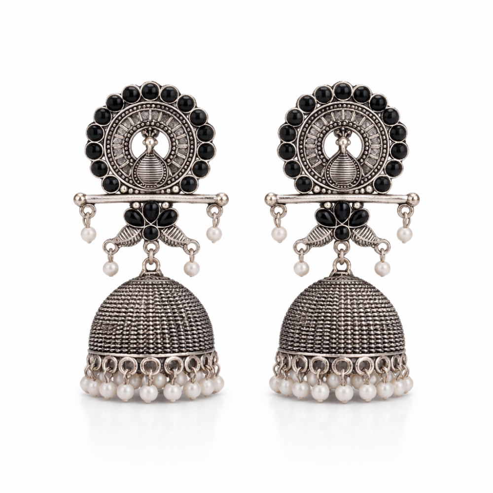 Antra- Oxidised  Peacock Jhumka Earrings with Black Stone