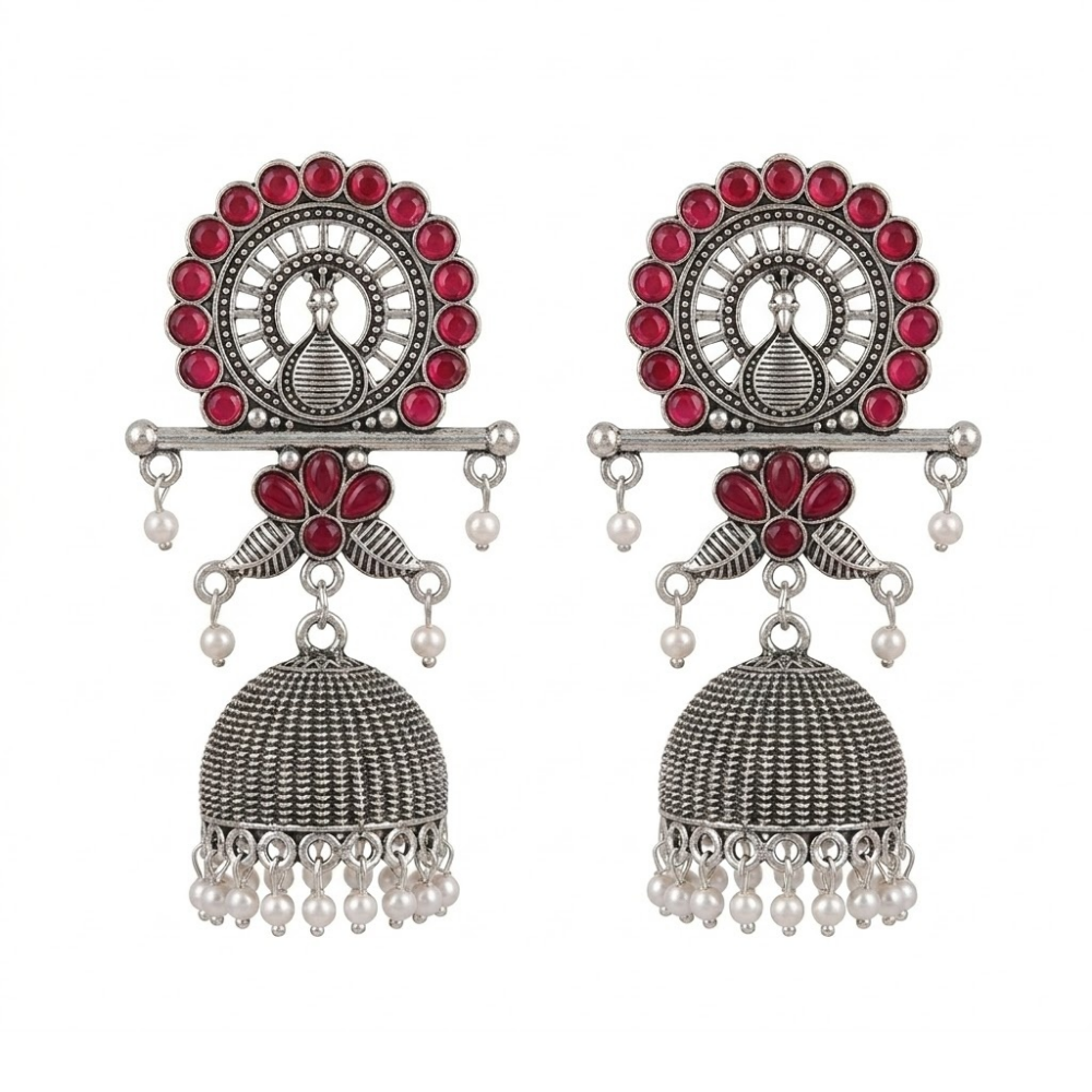 Antra- Oxidised  Peacock Jhumka Earrings with Maroon Stone