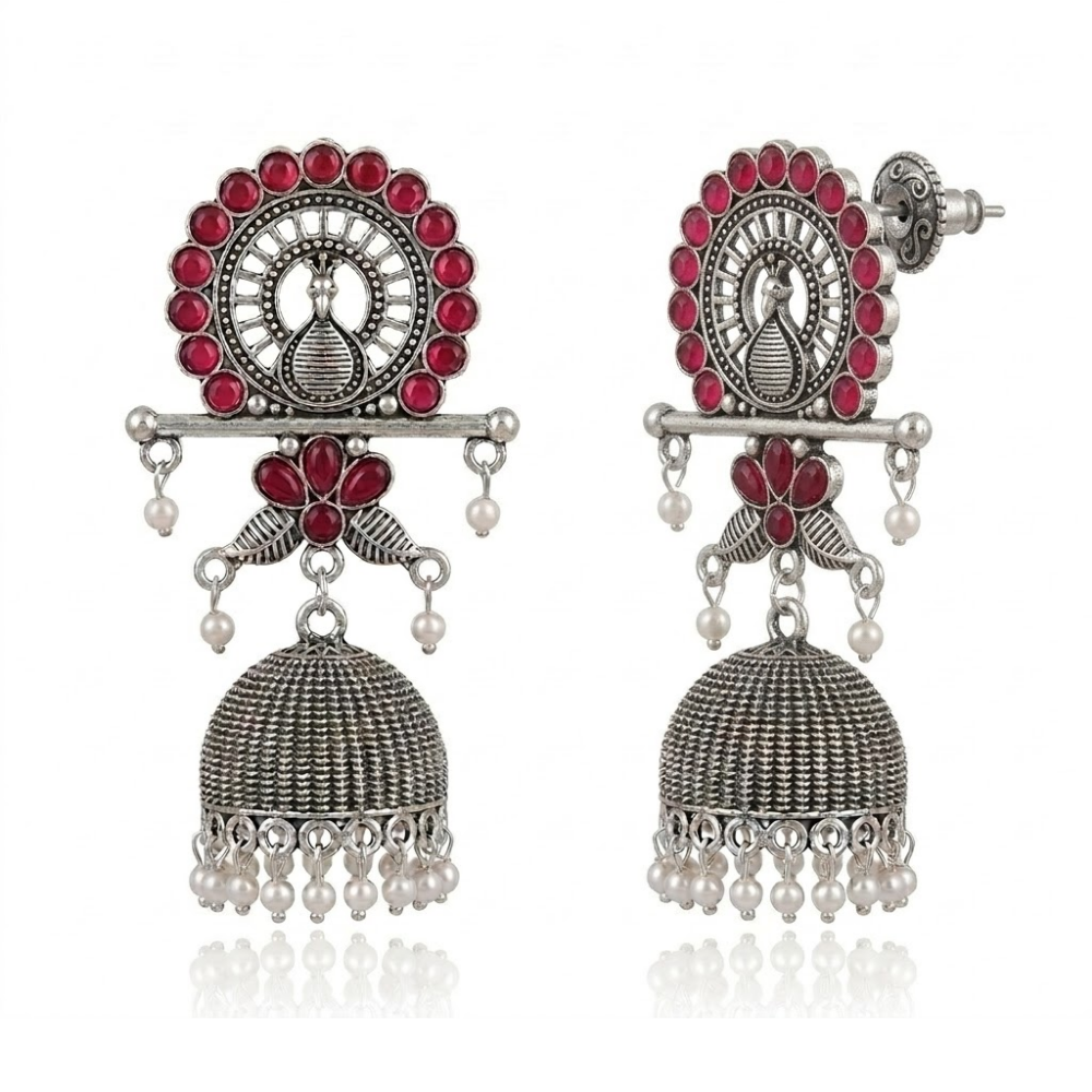 Antra- Oxidised  Peacock Jhumka Earrings with Maroon Stone