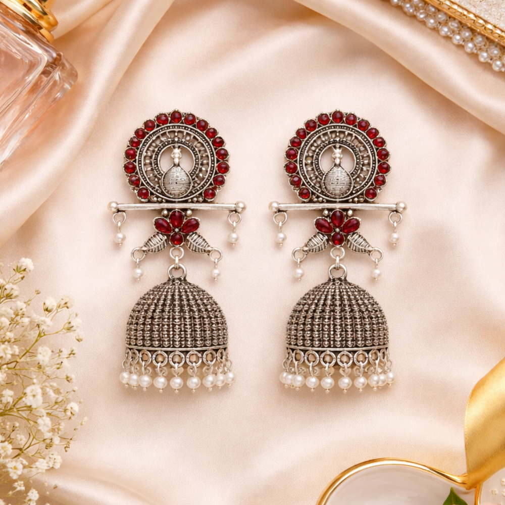 Antra- Oxidised  Peacock Jhumka Earrings with Maroon Stone