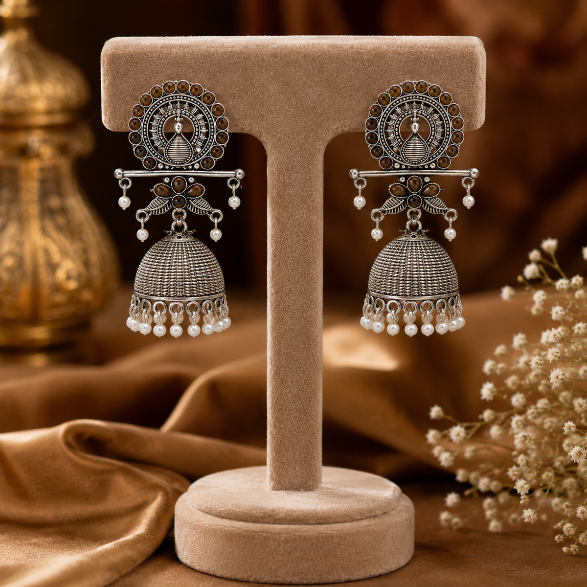 Vrita- Oxidised Jhumka Earrings with Dark pink Stone