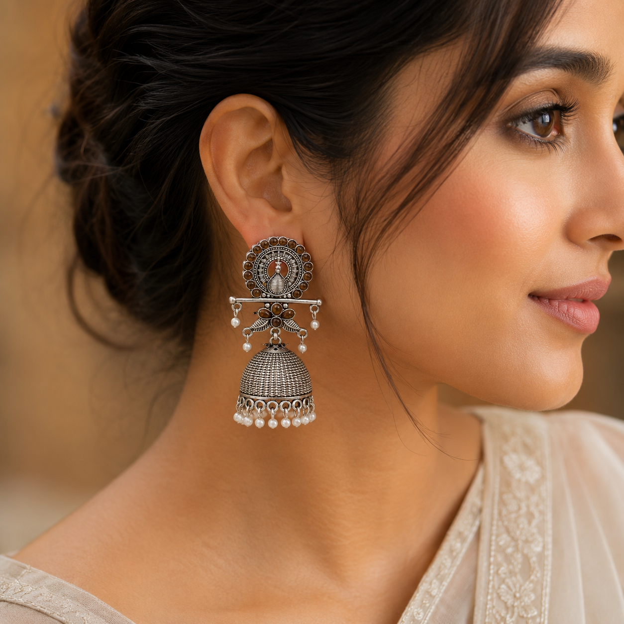 Vrita- Oxidised Jhumka Earrings with Dark pink Stone