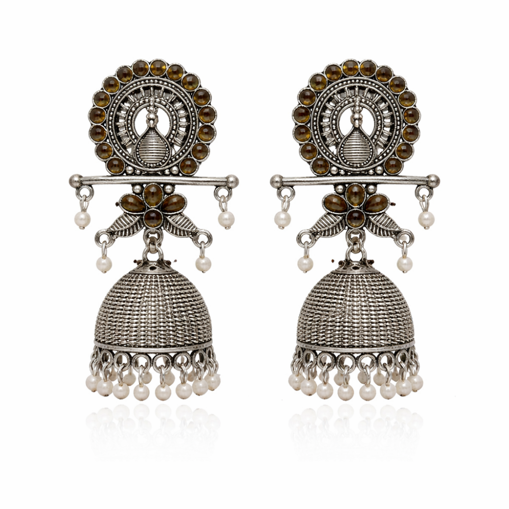 Antra- Oxidised  Peacock Jhumka Earrings with Mehendi Stone