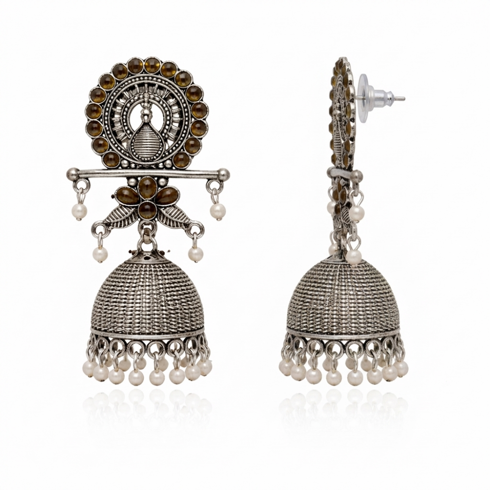 Antra- Oxidised  Peacock Jhumka Earrings with Mehendi Stone