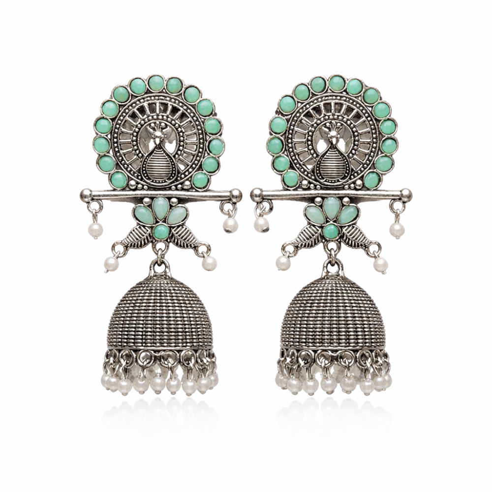 Antra- Oxidised  Peacock Jhumka Earrings with Mint Stone