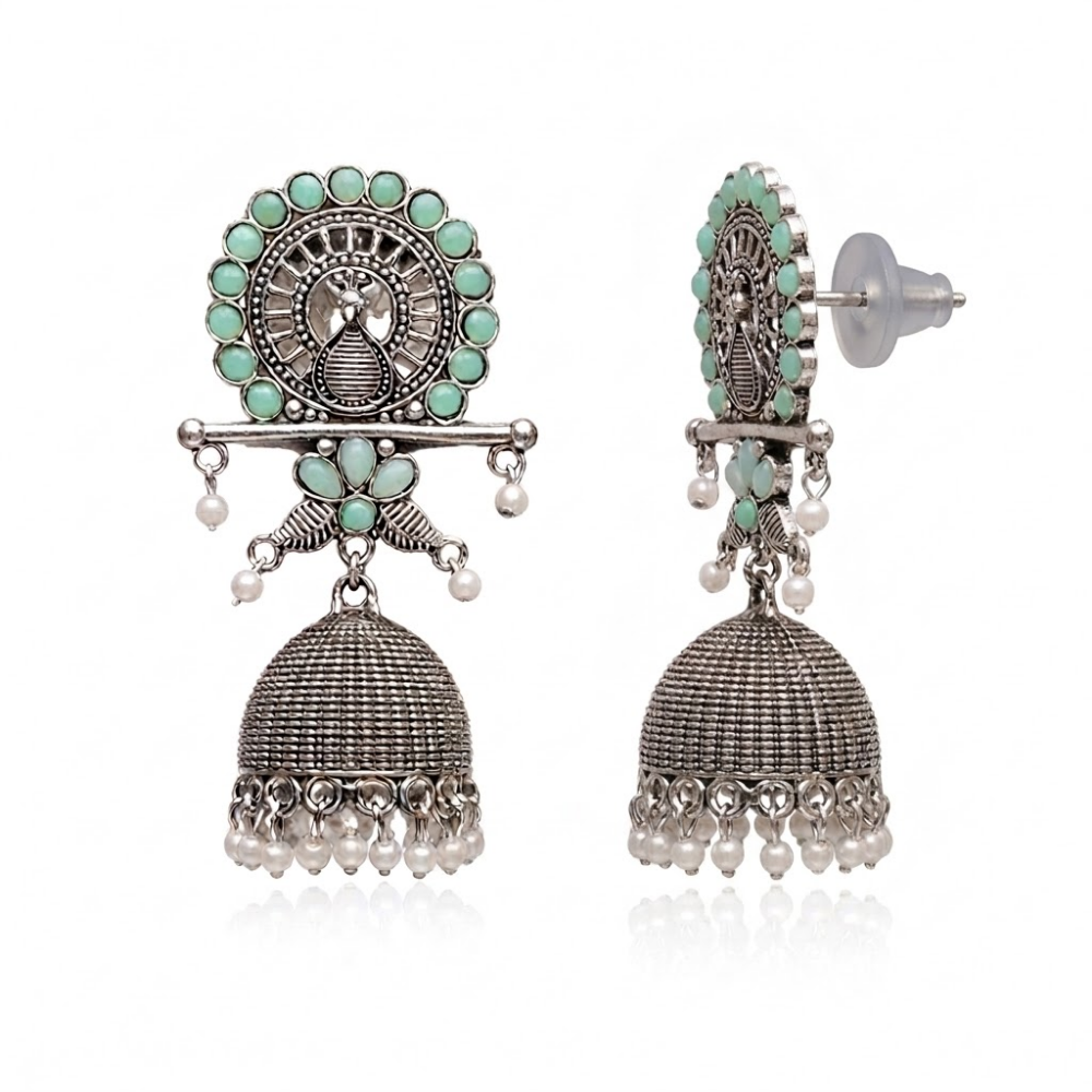 Antra- Oxidised  Peacock Jhumka Earrings with Mint Stone