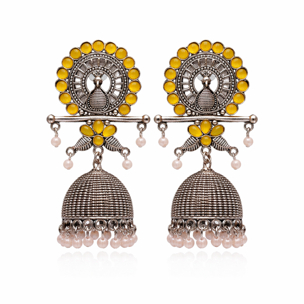 Antra- Oxidised  Peacock Jhumka Earrings with Yellow Stone