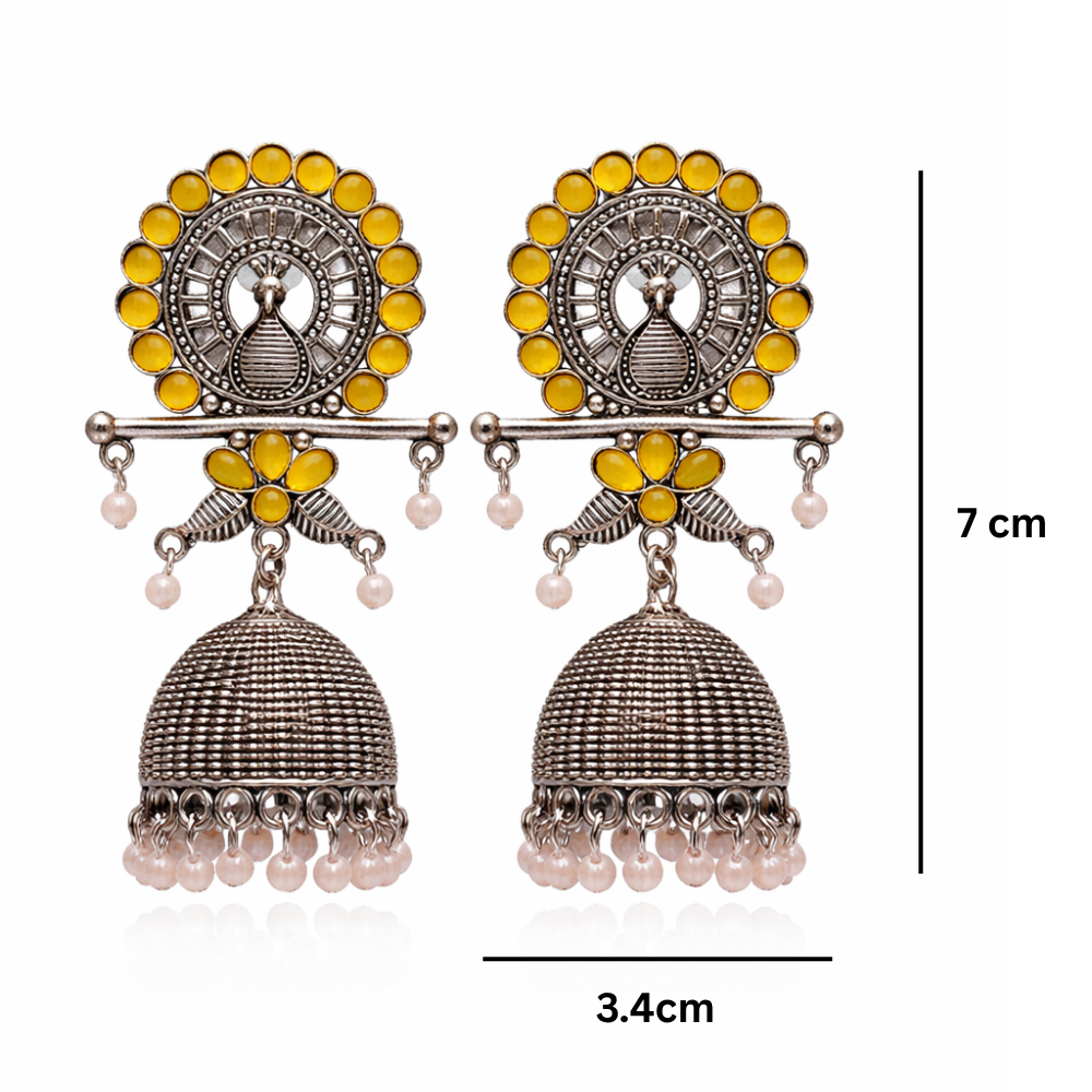 Antra- Oxidised  Peacock Jhumka Earrings with Yellow Stone
