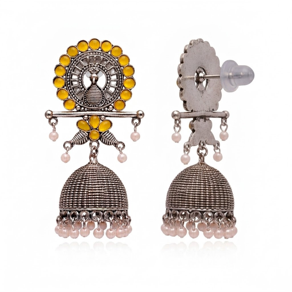 Antra- Oxidised  Peacock Jhumka Earrings with Yellow Stone