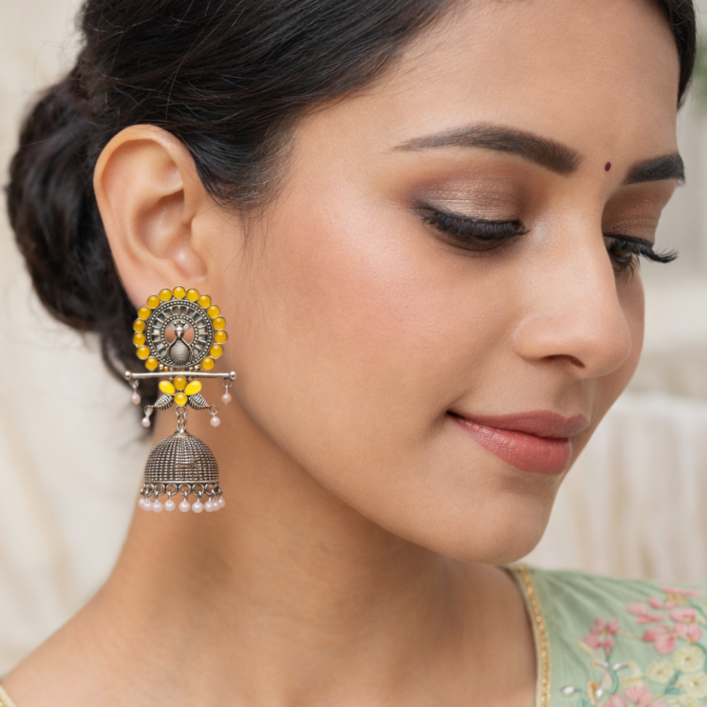 Antra- Oxidised  Peacock Jhumka Earrings with Yellow Stone