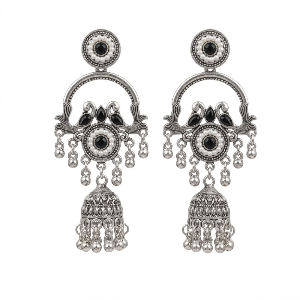 Vrita- Oxidised Jhumka Earrings with Black Stone