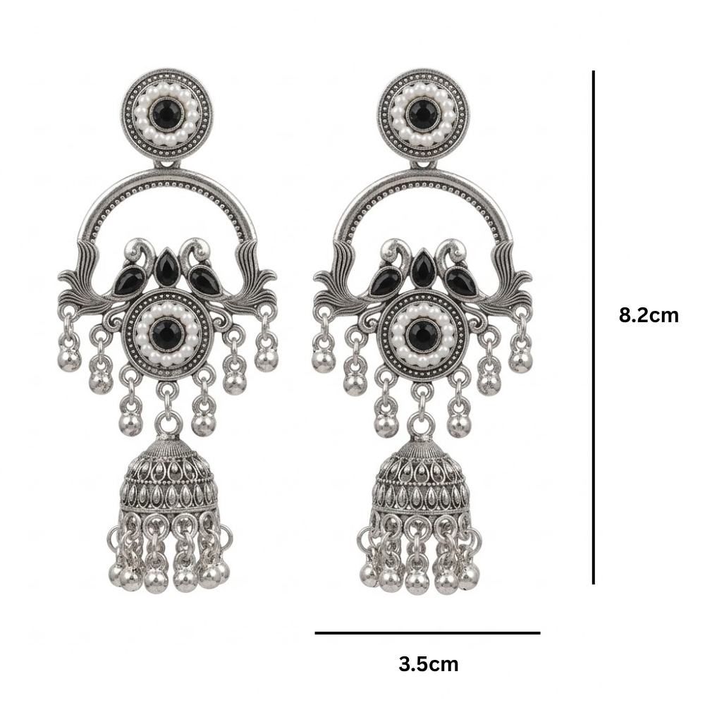 Vrita- Oxidised Jhumka Earrings with Black Stone