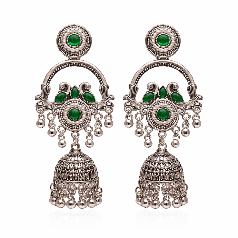 Vrita- Oxidised Jhumka Earrings with Green Stone