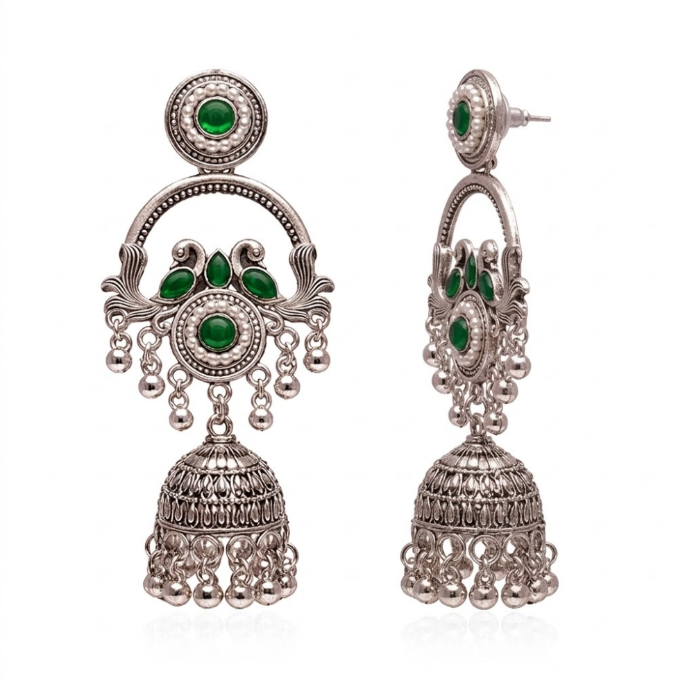 Vrita- Oxidised Jhumka Earrings with Green Stone