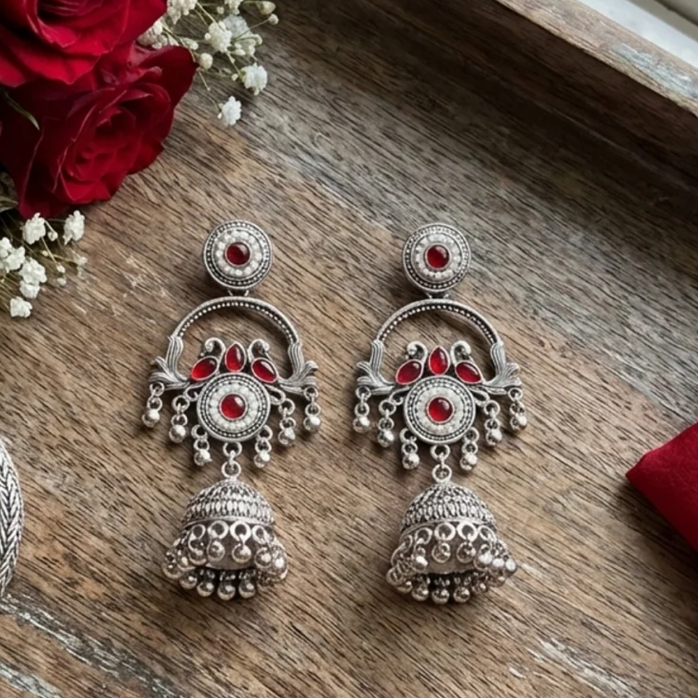 Vrita- Oxidised Jhumka Earrings with Maroon Stone