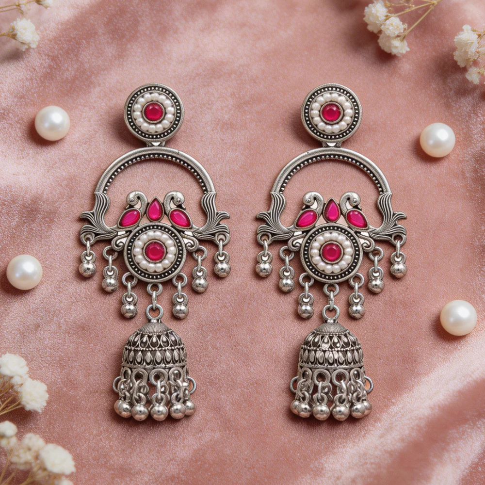 Vrita- Oxidised Jhumka Earrings with Dark pink Stone