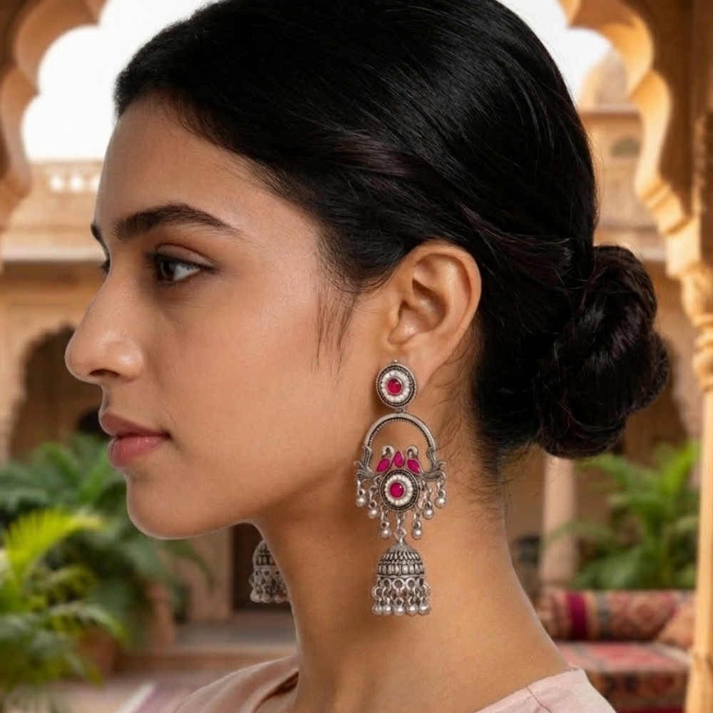 Vrita- Oxidised Jhumka Earrings with Dark pink Stone