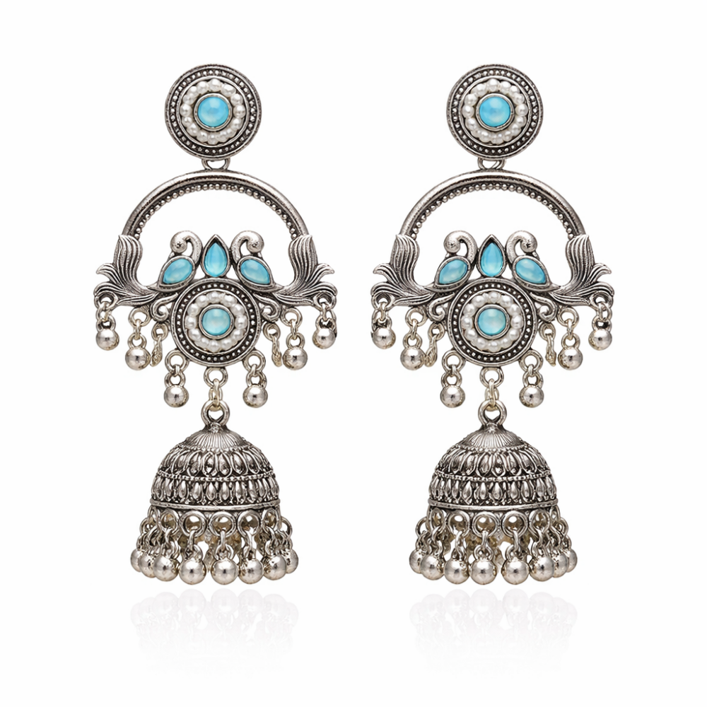 Vrita- Oxidised Jhumka Earrings with Sky Blue Stone