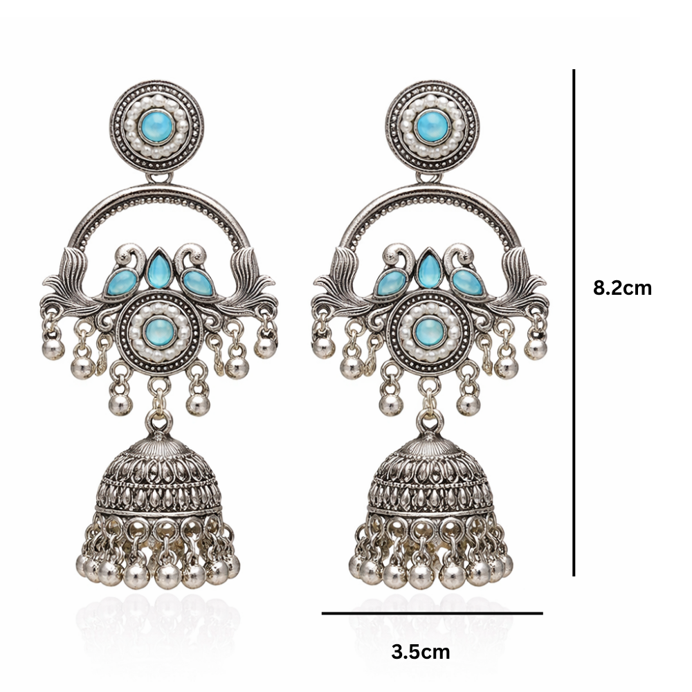 Vrita- Oxidised Jhumka Earrings with Sky Blue Stone
