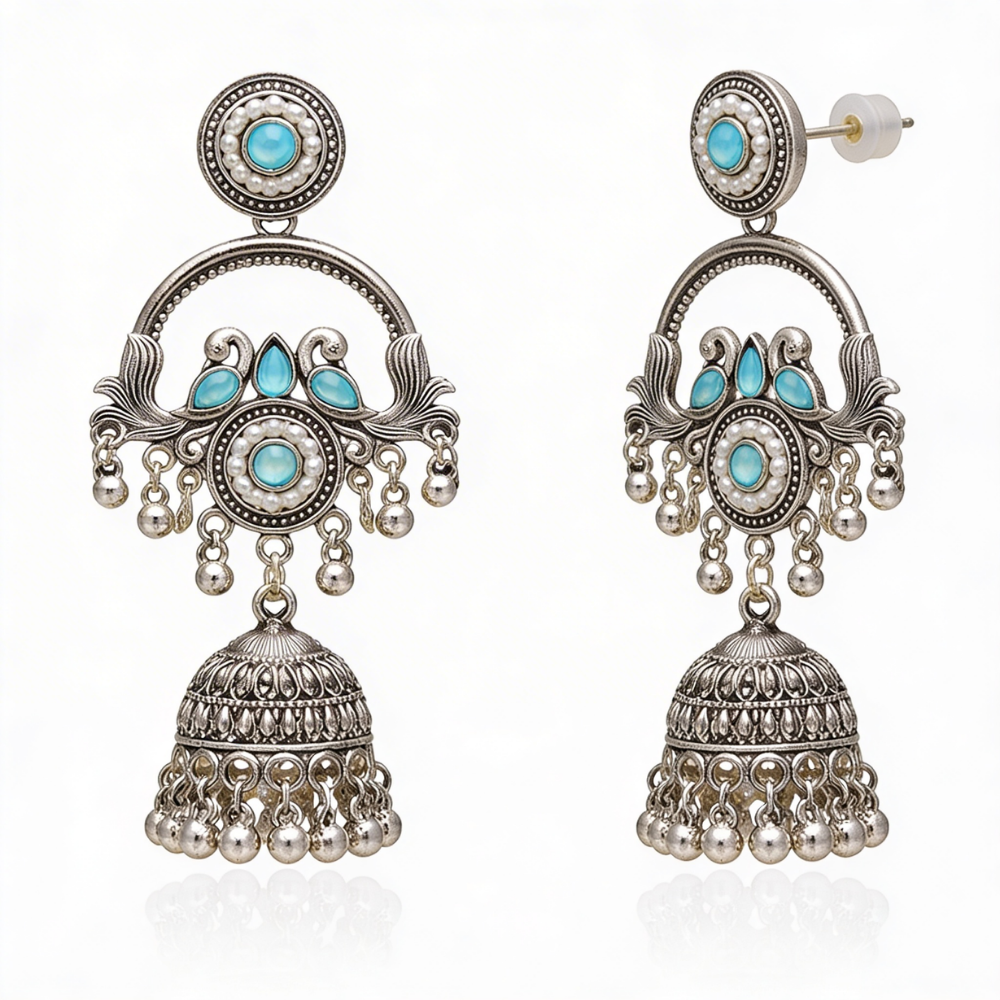 Vrita- Oxidised Jhumka Earrings with Sky Blue Stone