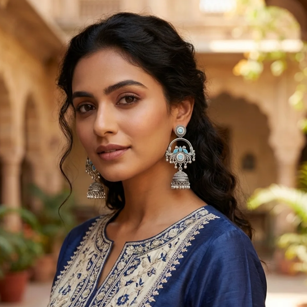 Vrita- Oxidised Jhumka Earrings with Sky Blue Stone