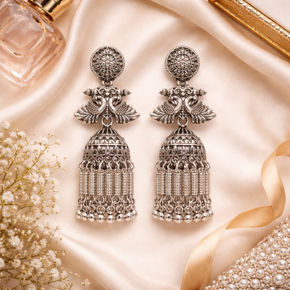 Nirali- Oxidized Peacock Design Jhumka Earrings